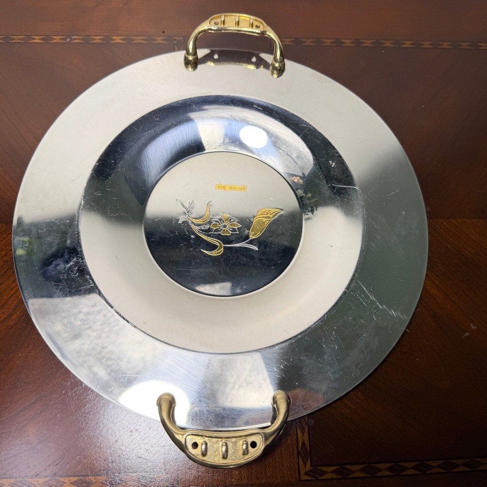 Vintage‎ Italian 18/10 Stainless Steel 24K Gold Plated Floral Serving Tray
